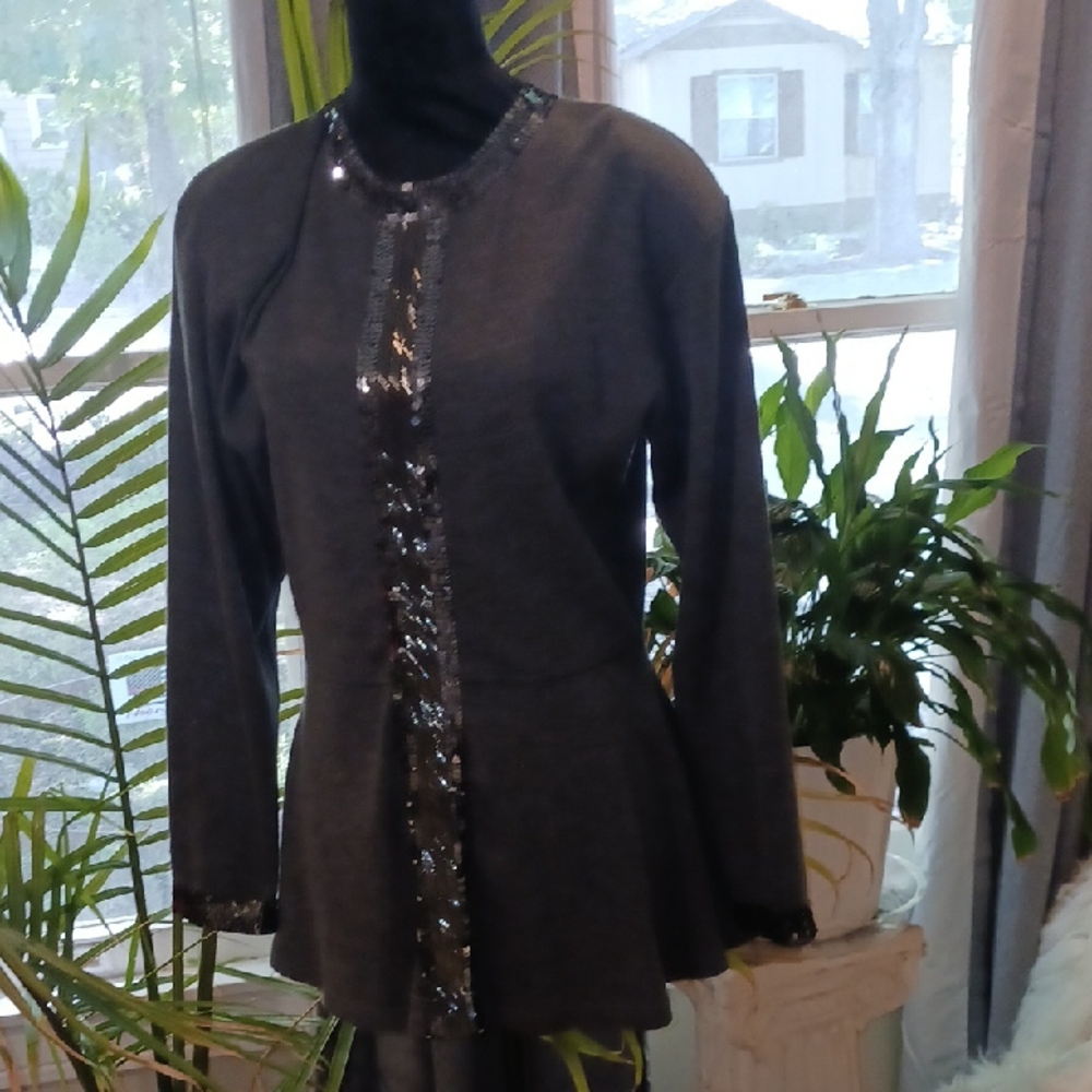 Vintage L/S Sequin Solid Charcoal Grey Top